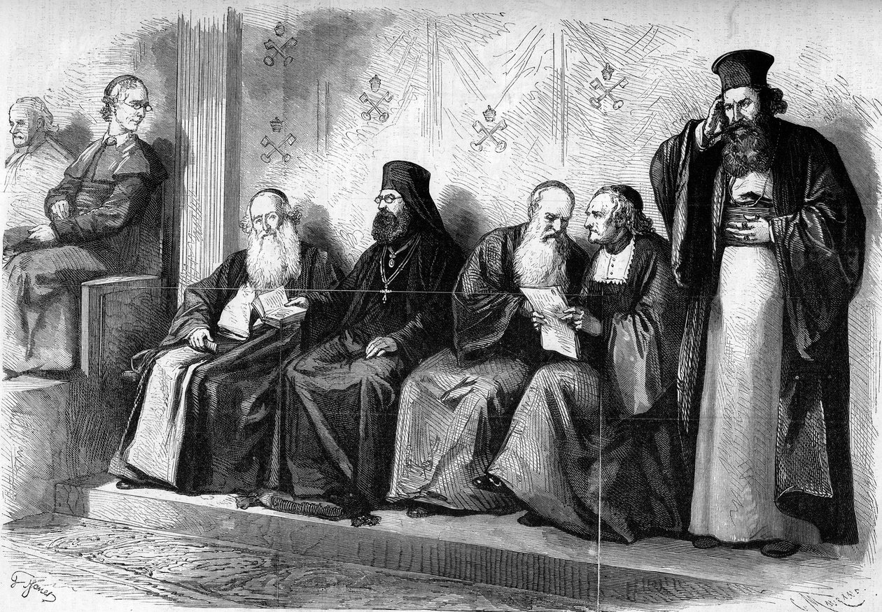 Vatikaanin kirkolliskokous 1 (1869-1870): patriarkat ja arkkimandriitit presynodaalisen yleisön aikana Rooman Sikstuksen kappelissa. Joulukuu 1869. Kaiverrus "" Le Monde Illustré" -julkaisussa nro 662, 19. joulukuuta 1869. tekijältä French School