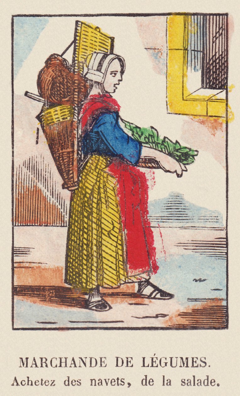 Vihannesten myyjä. Osta nauriita, salaattia, noin 1819 (painokuva). tekijältä French School