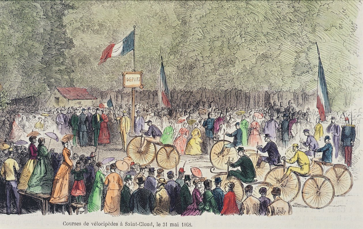Velocipede-kilpailu Saint-Cloudissa, 31. toukokuuta 1808 (värikaiverrus) tekijältä French School