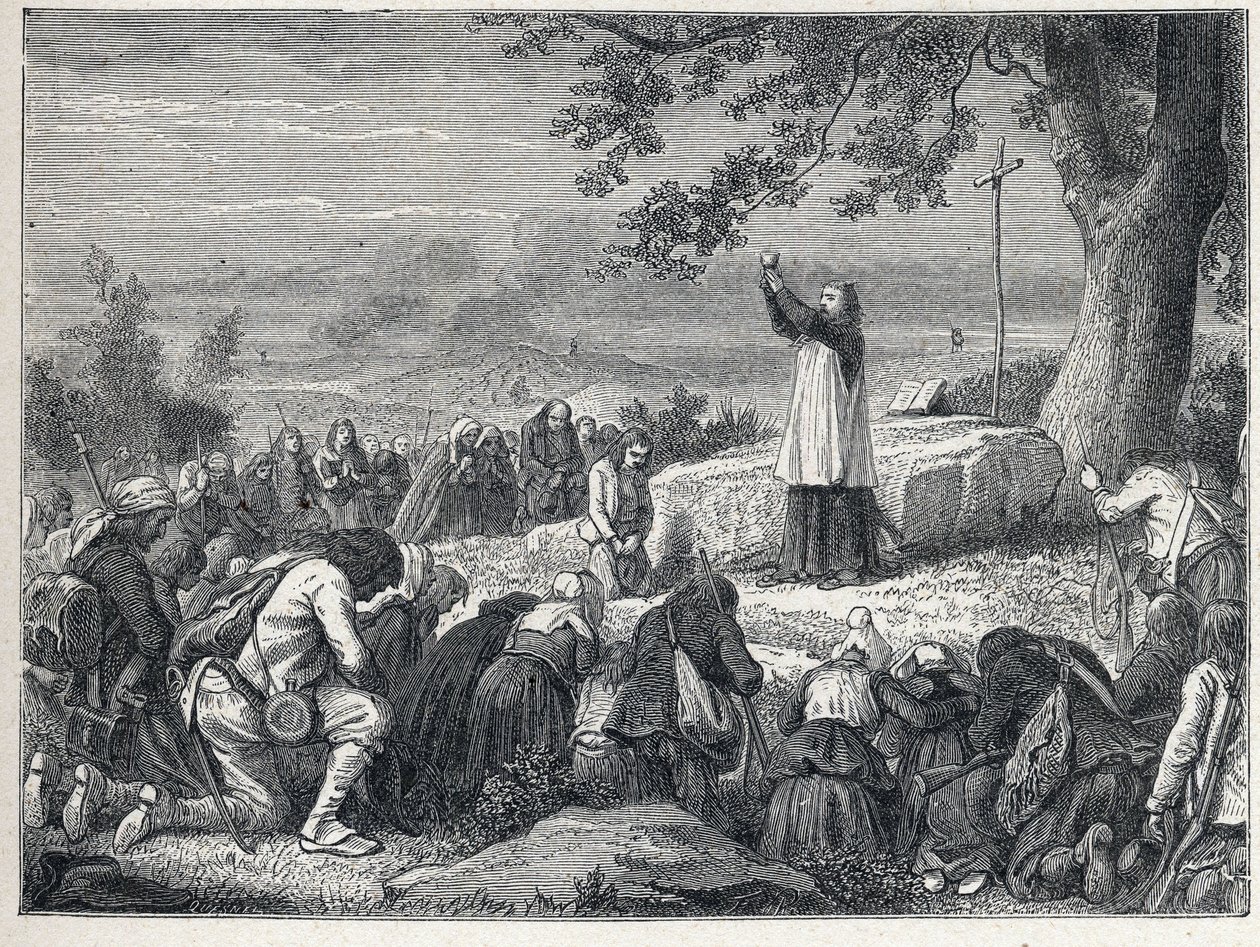 Vendee Wars (1793-1796): Pappi viettää messua tammen alla kapinalliselle, joka hylkää vannoneet papit. Kaiverrus vuodelta 1889. Yksityinen kokoelma. tekijältä French School