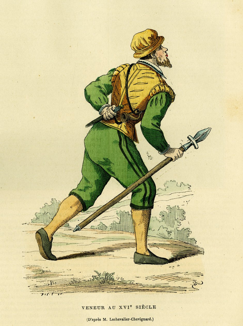 Veneurin puku, joka vastasi metsästyskoirien metsästyksestä 1600-luvulla. Värikaiverrus Lechevaller-Chevignardin piirroksen mukaan, teoksessa "France et les francais a travers les centuries", Augustin Challamel, F.Roy, Pariisi 1882. Selvan kokoelma. tekijältä French School