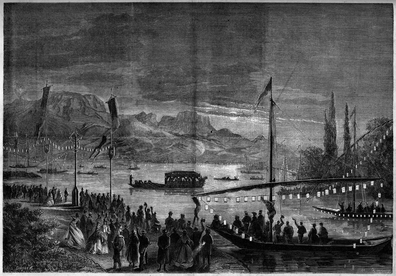 Venetsialainen juhla Annecy-järvellä Napoleon III:n ja impress Eugenie de Montijon vierailun yhteydessä. Annecy, Haute Savoie (74) tekijältä French School