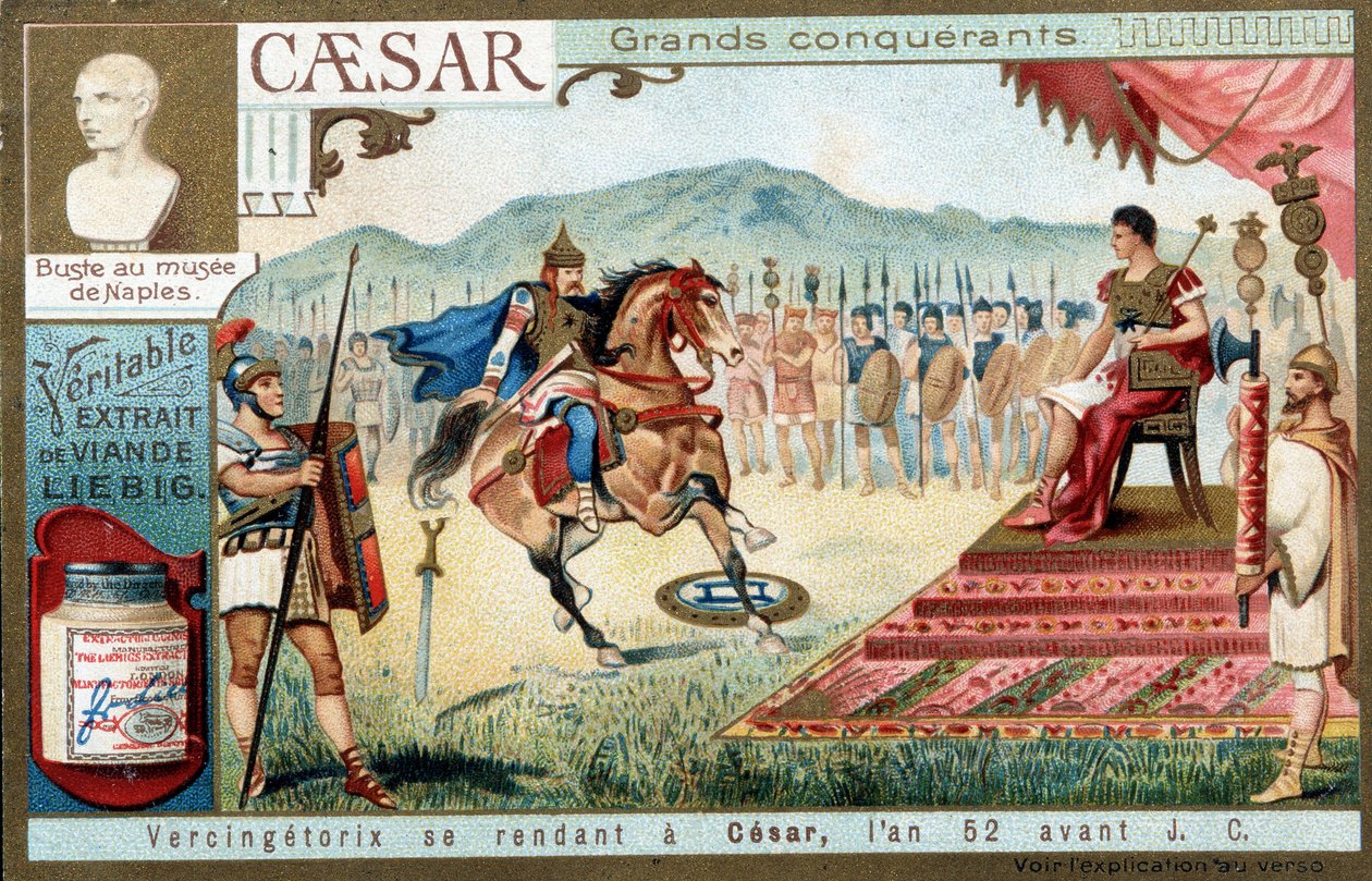 Vercingetorix menossa Césarille, vuonna 52 eKr. - Liébig-mainosvinjetti tekijältä French School