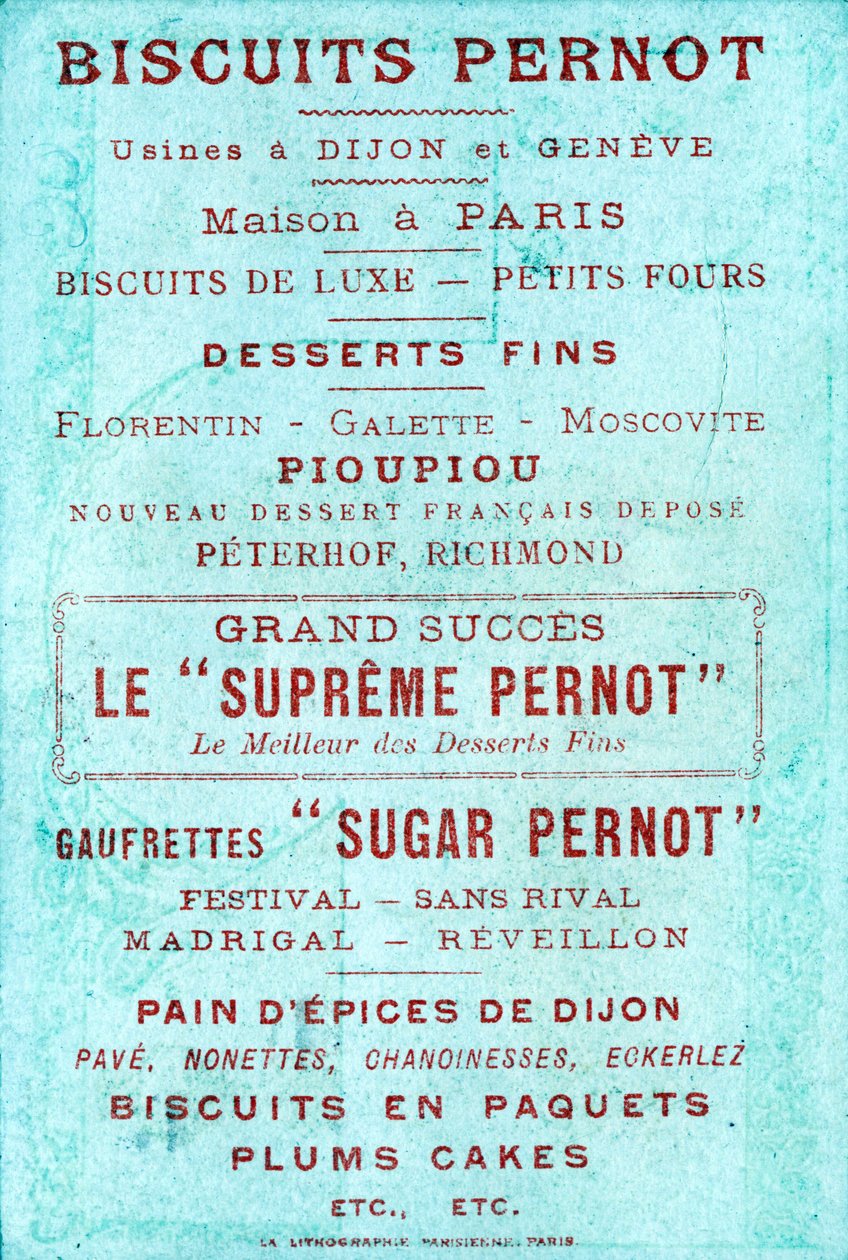 Verso Biscuits Pernotin, Dijonin ja Geneven tehtaiden sekä Pariisin Maisonin mainoksilla tekijältä French School