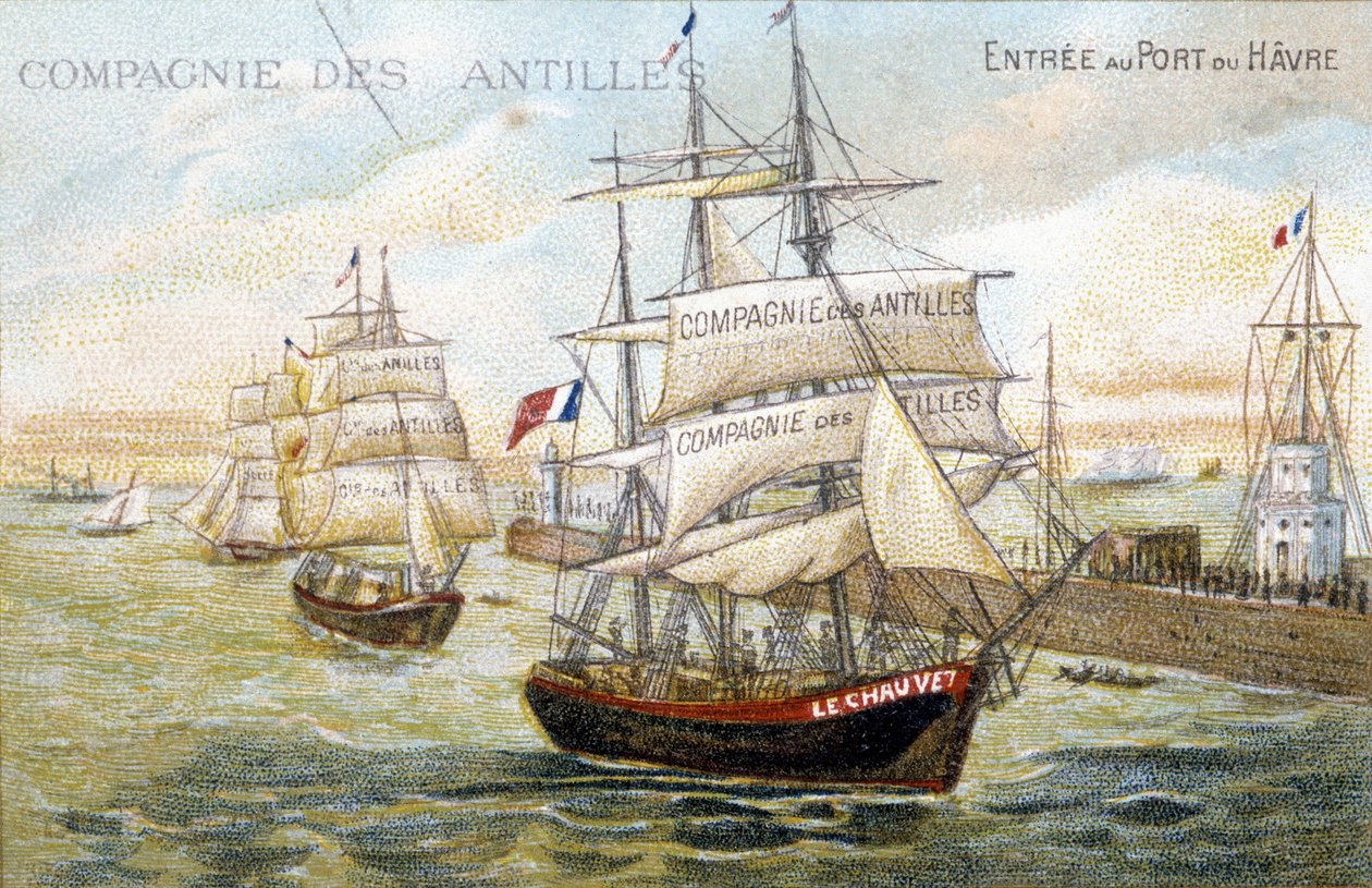 Länsi-Intian yrityksen alukset Le Havren satamassa. Dinanin kunnankirjastossa säilytetty 1800-luvun kuvitus. tekijältä French School