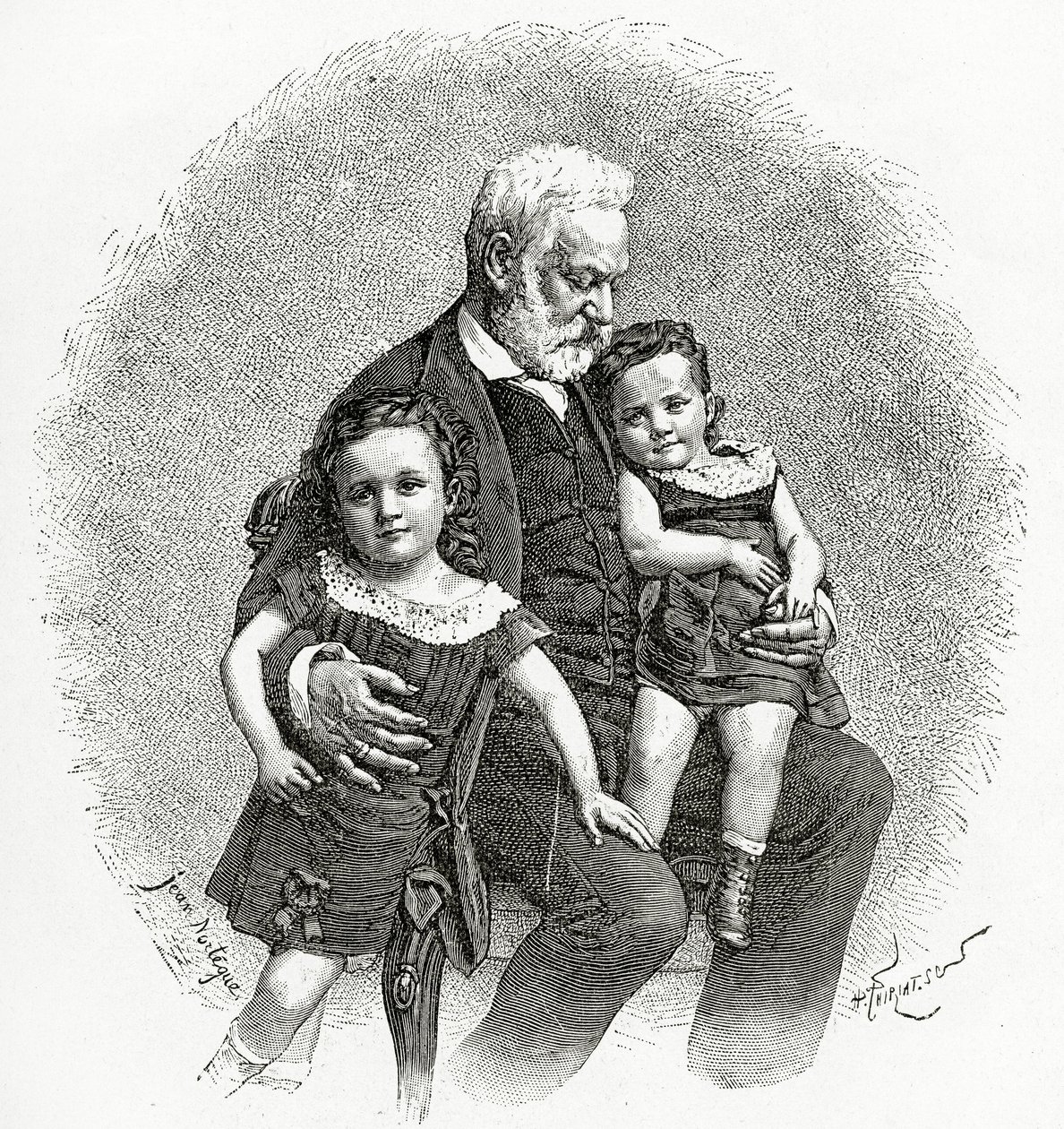 Victor Hugo ja hänen lapsenlapsensa, 1800-luku (bw-kaiverrus) tekijältä French School