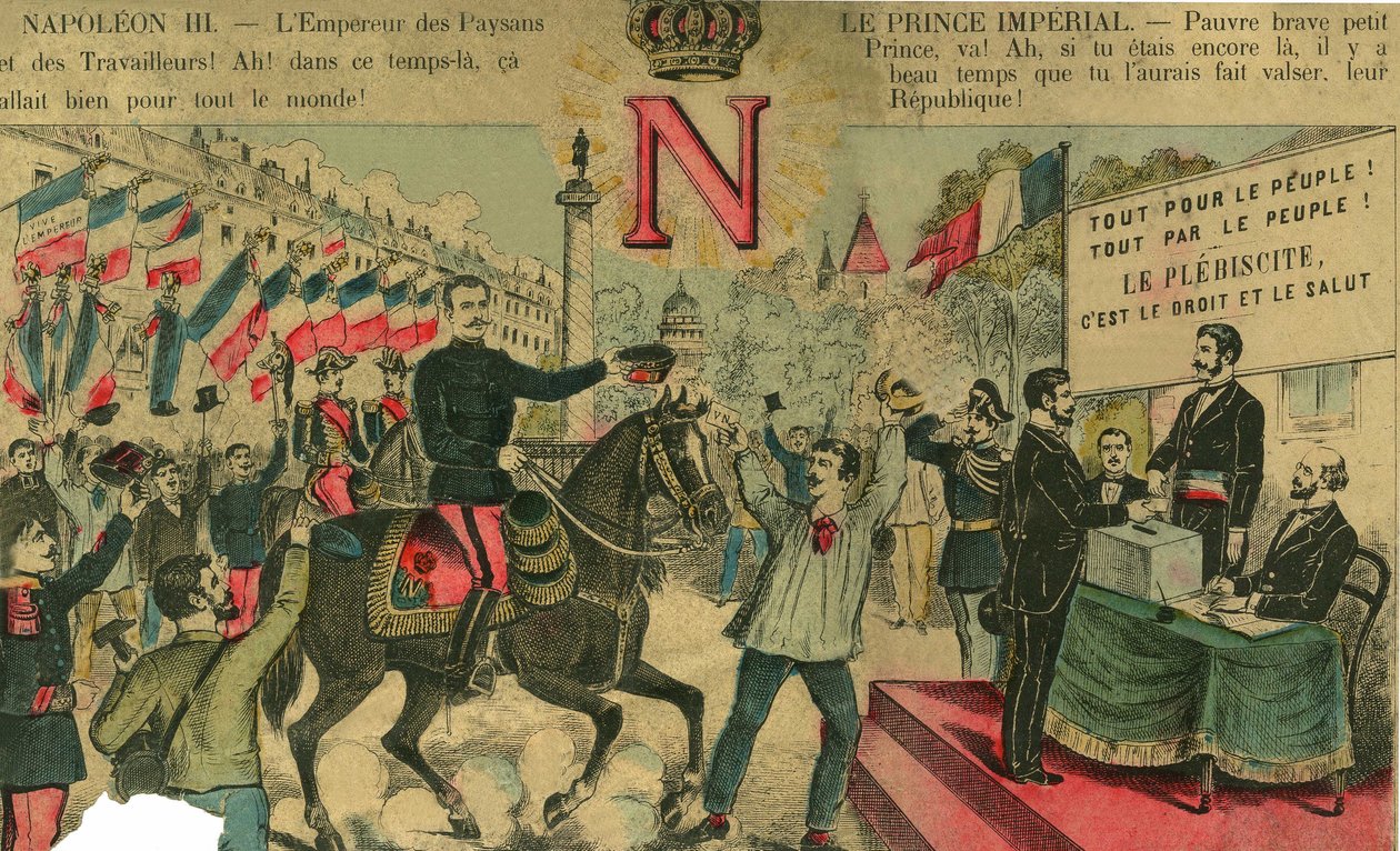Victor Napoleon (1862-1926) Bonapartistien kannattajien johdossa, Napoleon I:n viimeinen perillinen joutui maanpakoon kolmannen tasavallan vuonna 1886 hyväksymän lain seurauksena. Kaiverrus, "" Le Figaro, liite"", 30.3.1889, Pariisi. tekijältä French School