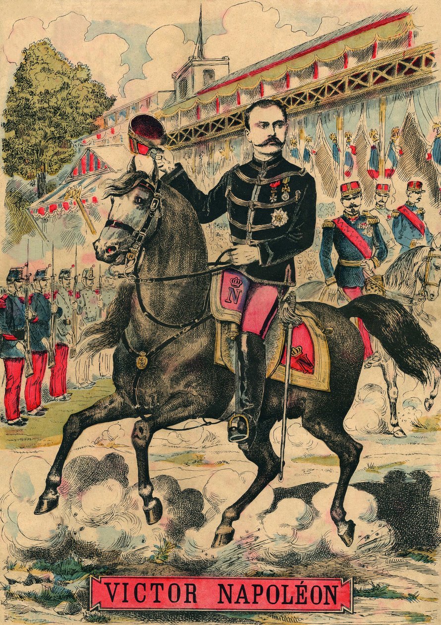 Victor Napoleon (1862-1926) Bonapartistien kannattajien johdossa, Napoleon I:n viimeinen perillinen joutui lähtemään maanpakoon kolmannen tasavallan vuonna 1886 hyväksymän lain vuoksi. Kaiverrus, Le Figaro -lehdessä 30.3.1889, Pariisi. Coll. Selva. tekijältä French School