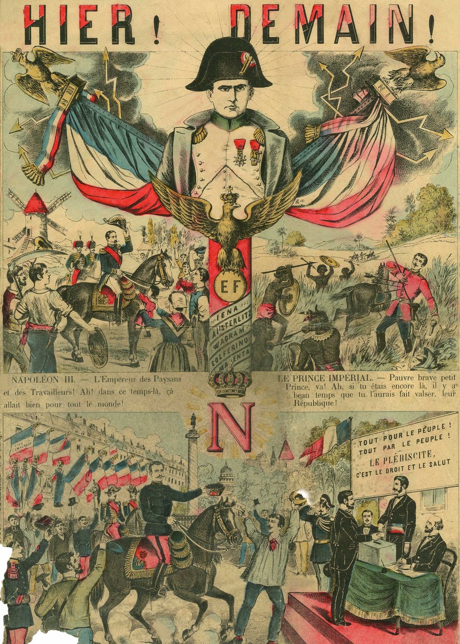Victor Napoleon (1862-1926) Bonapartistien kannattajien johdossa, Napoleon I:n viimeinen perillinen joutui lähtemään maanpakoon kolmannen tasavallan vuonna 1886 hyväksymän lain vuoksi. Kaiverrus, Le Figaro -lehdessä 30.3.1889, Pariisi. tekijältä French School