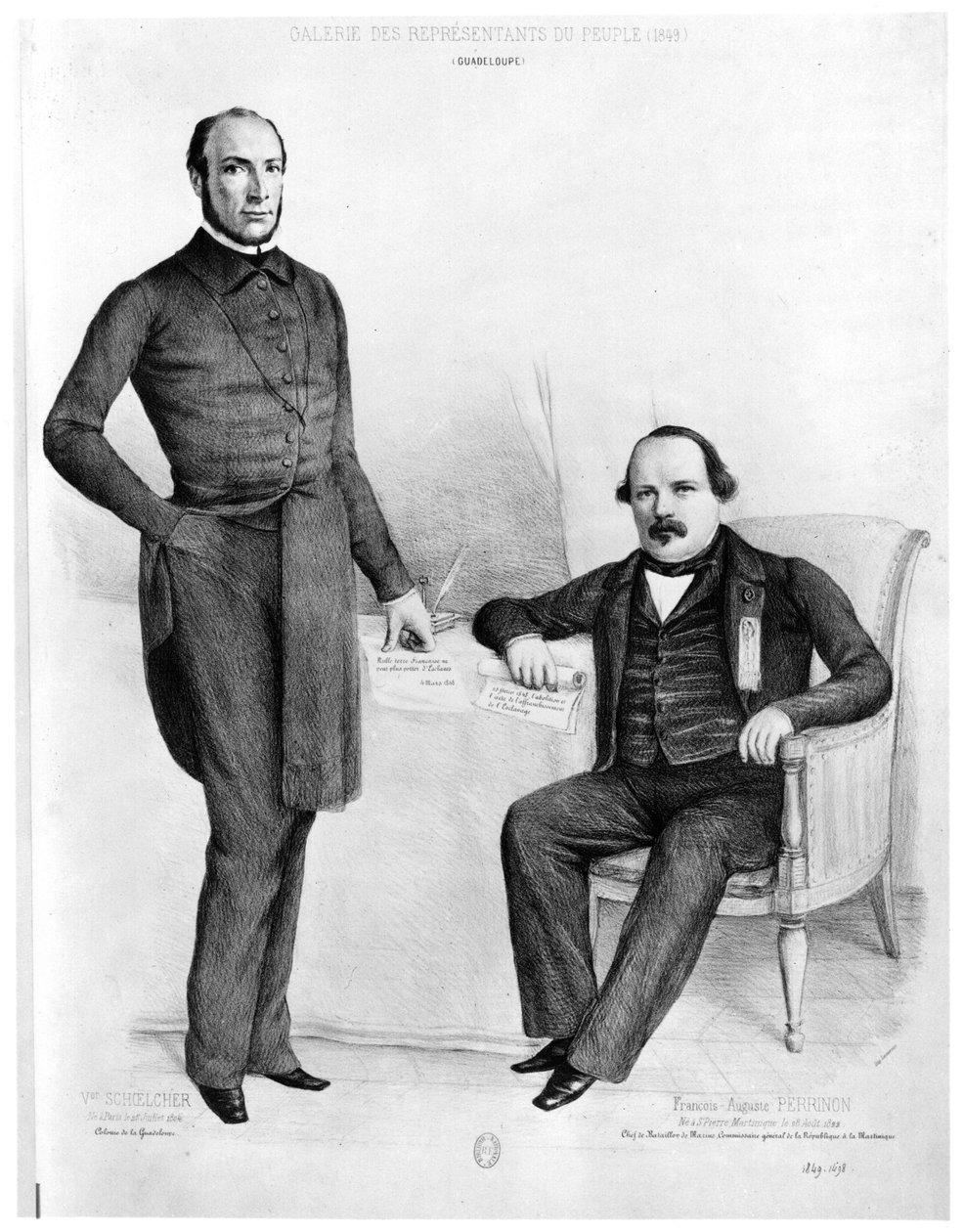 Victor Schoelcher (s.1804) ja Francois-Auguste Perrinon (s.1822) Guadeloupen ja Martiniquen varajäsenet, 1849 tekijältä French School