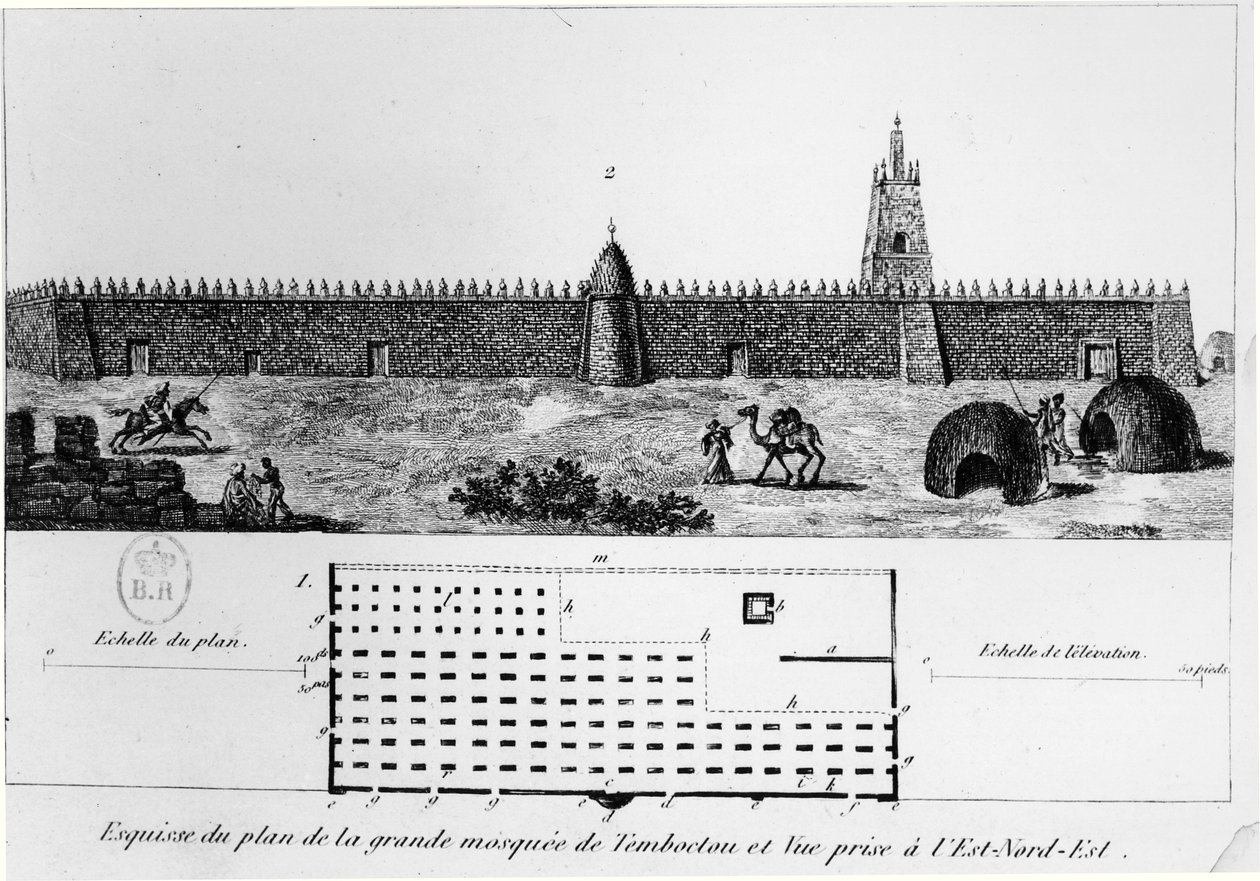 Näkymä ja suunnitelma Timbuktun suuresta moskeijasta, Rene Caillien (1799-1838) Journal dun voyage a Tombouctou -julkaisusta 1830 tekijältä French School