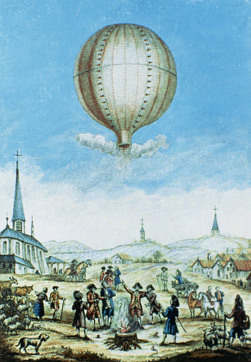 Näkymä Annonaysta Vivaraisissa ja Montgolfier-veljesten kuumailmapallon ensimmäinen lento vuonna 1783 (värikaiverrus) tekijältä French School