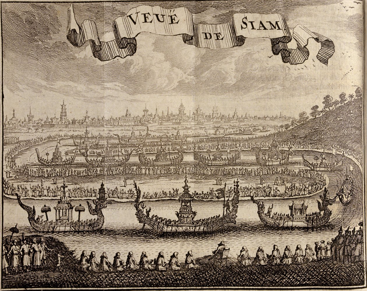 Näkymä Ayutthayasta kuninkaallisten proomujen kanssa, Guy Tachardin Voyage du Siam des Peres Jesuitesista, 1688 tekijältä French School