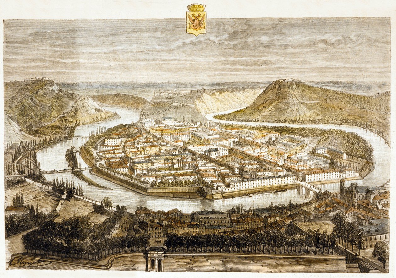 Näkymä Besanconista, Ranskasta (värikaiverrus) tekijältä French School