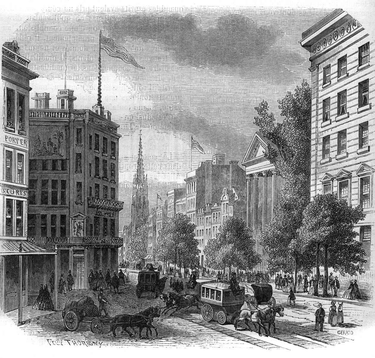 Näkymä Boadwaylle New Yorkissa. Kaiverrus vuosilta 1862-1863. tekijältä French School