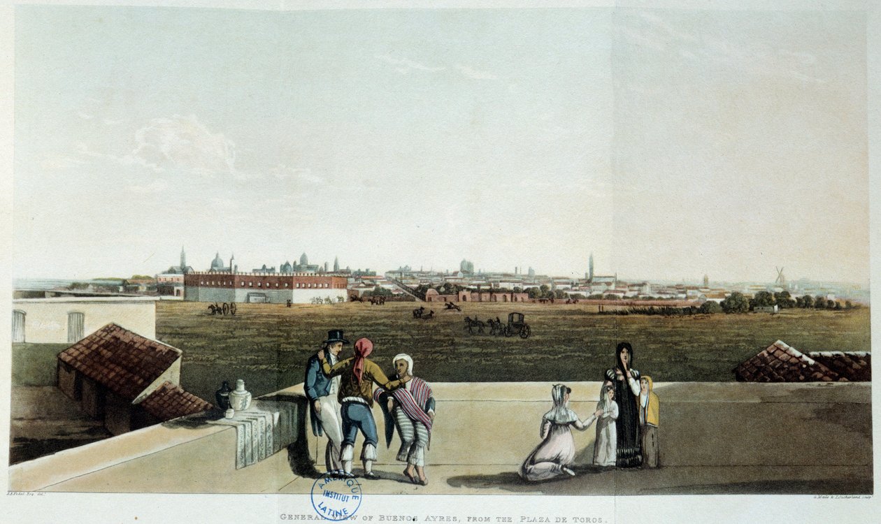 Näkymä Buenos Airesiin Argentiinassa. Vidalin litografia (1820) 1800-luku. Pariisi, Latinalaisen Amerikan kirjasto tekijältä French School