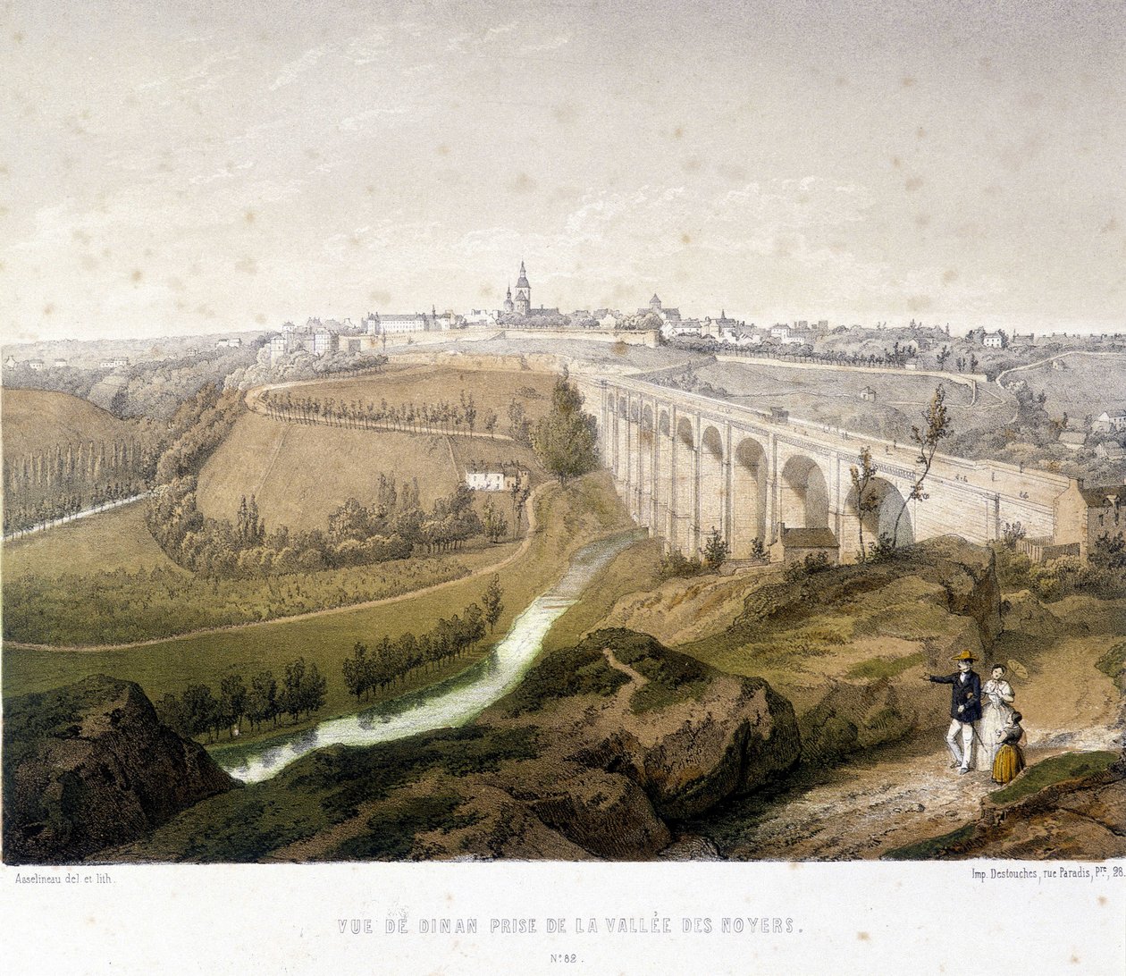 Näkymä Dinaniin, viaduktiin ja Walnut Valleyyn. Dinanin museossa säilytettävä 1800-luvun kuva. tekijältä French School