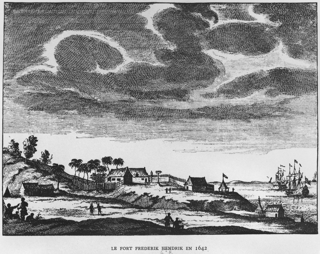 Näkymä Fort Frederik Hendrikin linnoitukselle, Mauritiukselle, vuonna 1642, kuva Le Premier Etablissement Neerlandais a Mauricesta, prinssi Roland Bonaparte (1858-1924) 1890 tekijältä French School