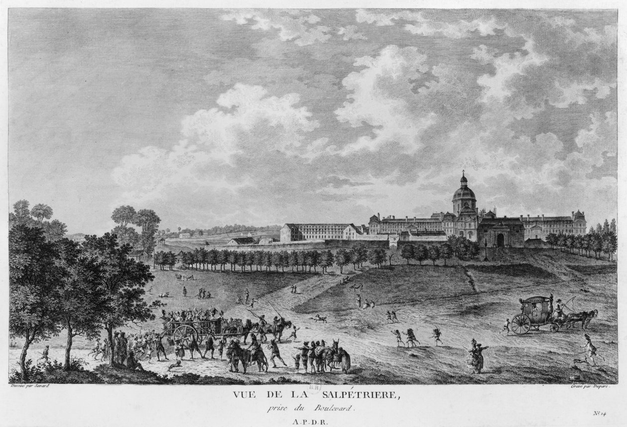 Näkymä Hopital La Salpetriere -sairaalasta, prostituoitujen kuljetus, Pariisi, kaiverrettu Duparc, Savardin piirroksen mukaan, noin 1790. tekijältä French School