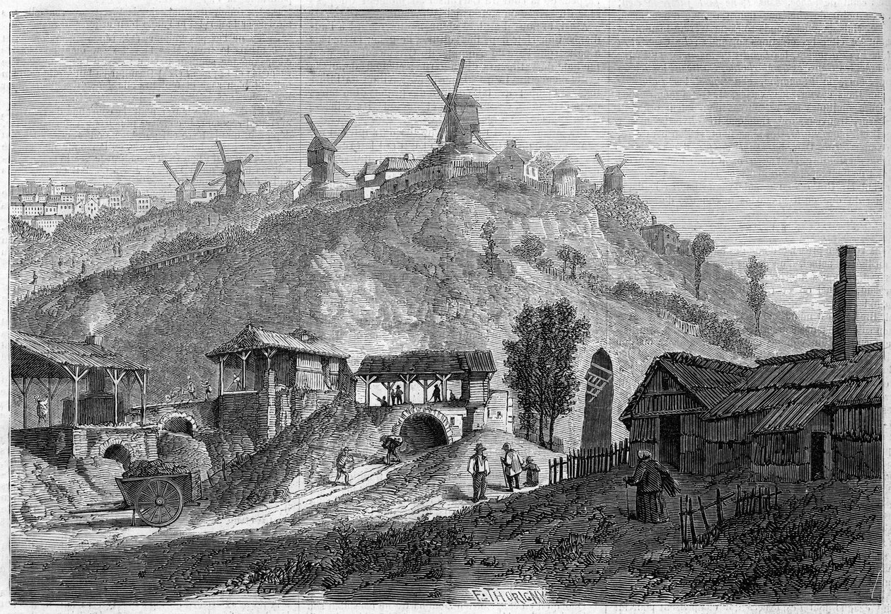 Näkymä Montmartrelle vuonna 1859, ennen liittymistä Pariisin kaupunkiin vuonna 1860. Näkymä otettu Saint Denisin tasangolta. Kaiverrus "" Le Monde Illustré" -julkaisussa nro 141, 24. joulukuuta 1859. tekijältä French School