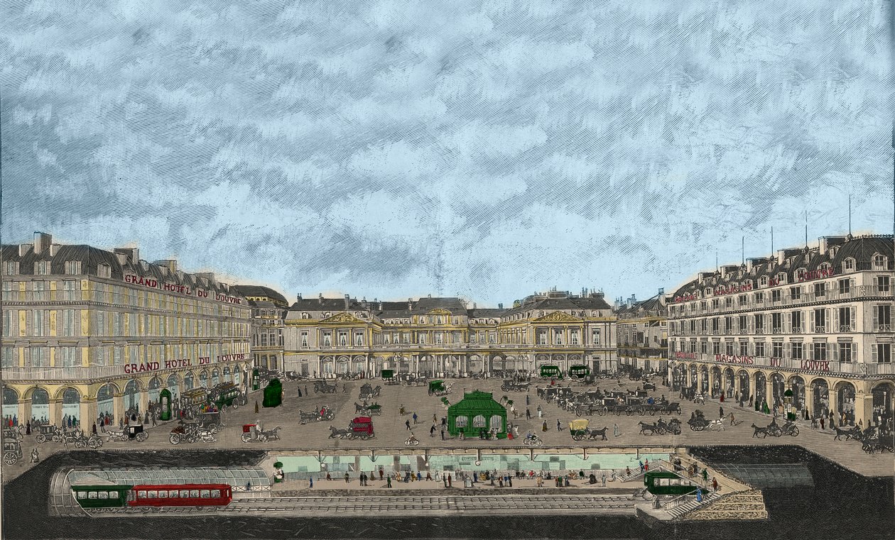 Näkymä Palais-Royalille ja Rue de Rivolille poikkileikkauksella pääkaupunkiseudun rautatieasemalta 1898 (värillinen etsaus) tekijältä French School