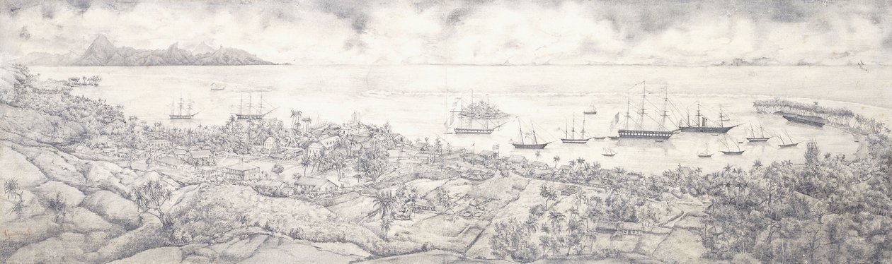 Näkymä Papeetelle, Tahitille, näkymä satamaan kohti Mooreaa, 1800-luvun puoliväli tekijältä French School