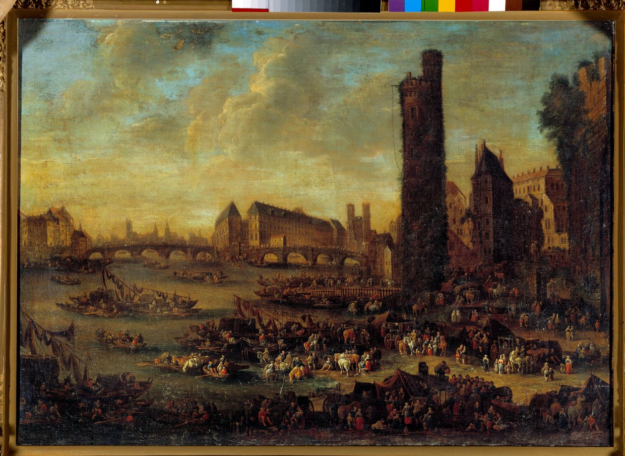 Näkymä Pariisiin Côte de la Cite -kadulta otettuna Tour de Neslesin ranskalaisen koulun maalauksesta. 1650 Su. 0,59 x 0,82 m Versailles. Chateau museo tekijältä French School