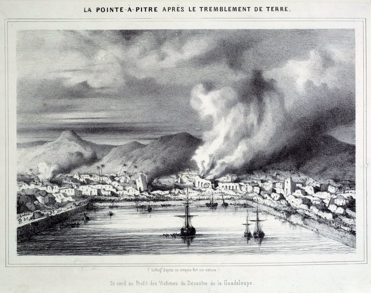 Näkymä Pointe a Pitrestä (Pointe-a-Pitre) maanjäristyksen jälkeen 8.2.1843. Kaiverrus 1800-luvun Chartresista, Musee des Beaux Arts tekijältä French School