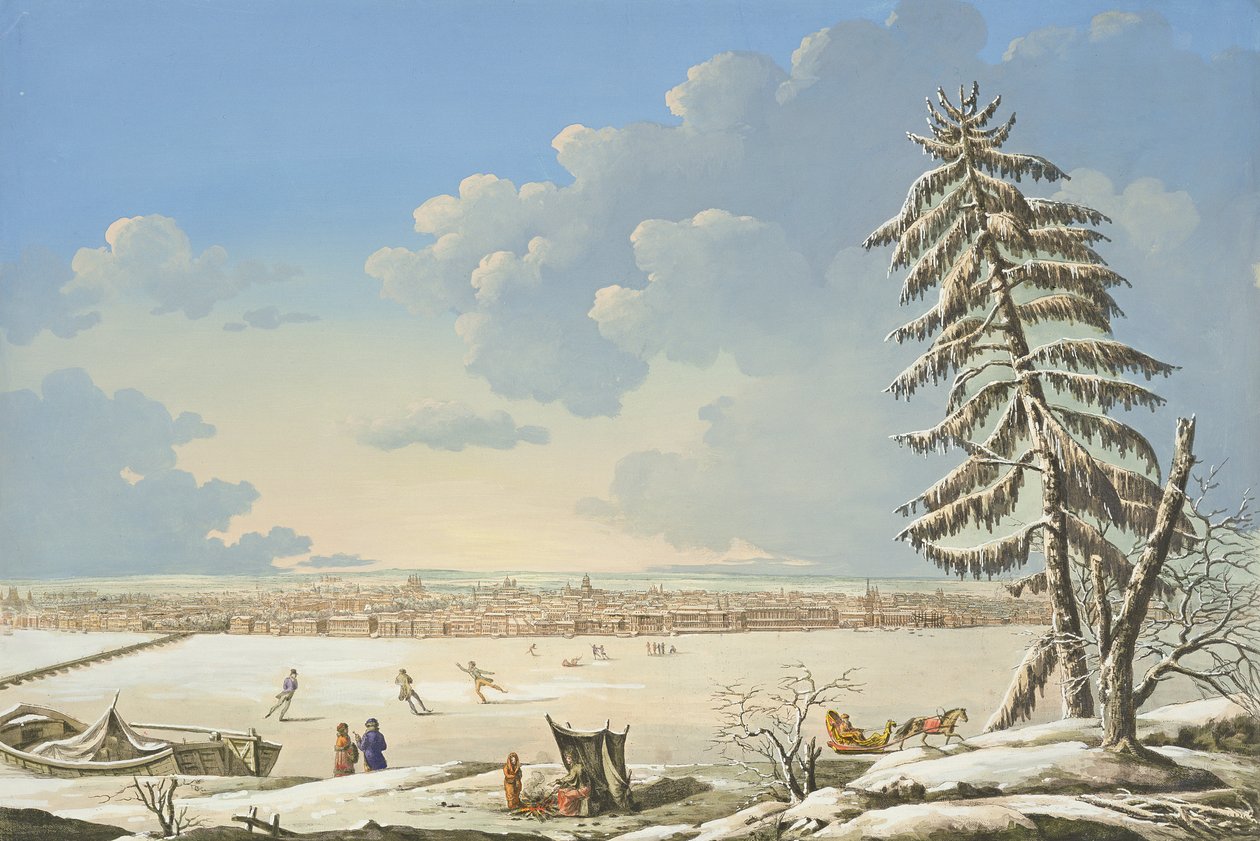 Näkymä Pietarista, julkaistu Pariisissa n. 1850 (käsinvärinen lito) tekijältä French School