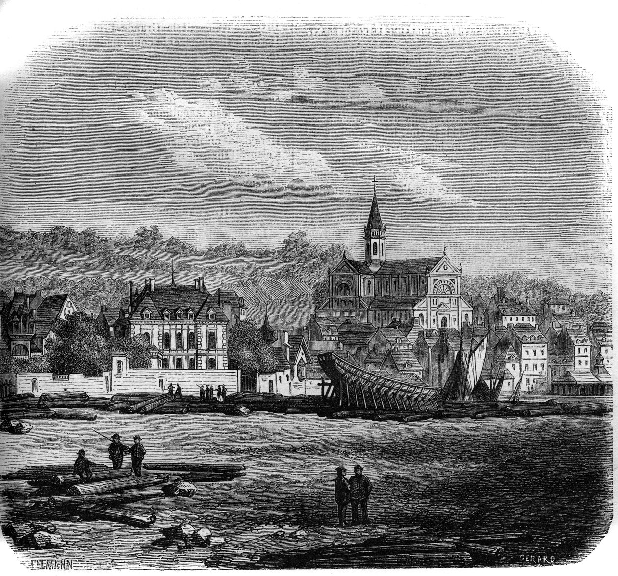 Näkymä Trouville sur Merille (Trouville-sur-Mer) ja uusi kirkko. Calvados (14). tekijältä French School