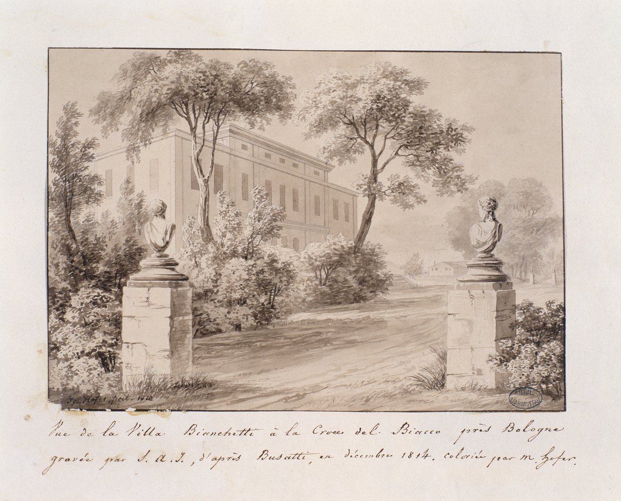 Näkymä Villa Bianchettista Croce del Biaccossa lähellä Bolognaa, kaiverrettu S.A.I. Busatin mukaan, värittänyt M. Hofer, joulukuu 1814 (värillinen kaiverrus) tekijältä French School