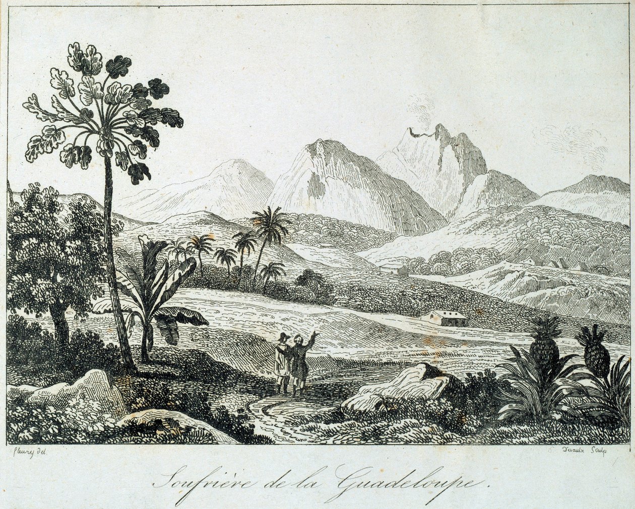 Näkymä soufriereen Guadeloupella. Kaiverrus 1800-luvulta. Chartres, Musee des Beaux Arts tekijältä French School