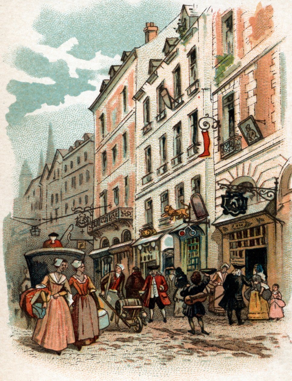 Näkymä Pariisin kadulle kuningas Ludvig XV:n aikana, 1700-luvun alku Kromolitografia de la fin du 1800-luvun yksityinen kokoelma tekijältä French School