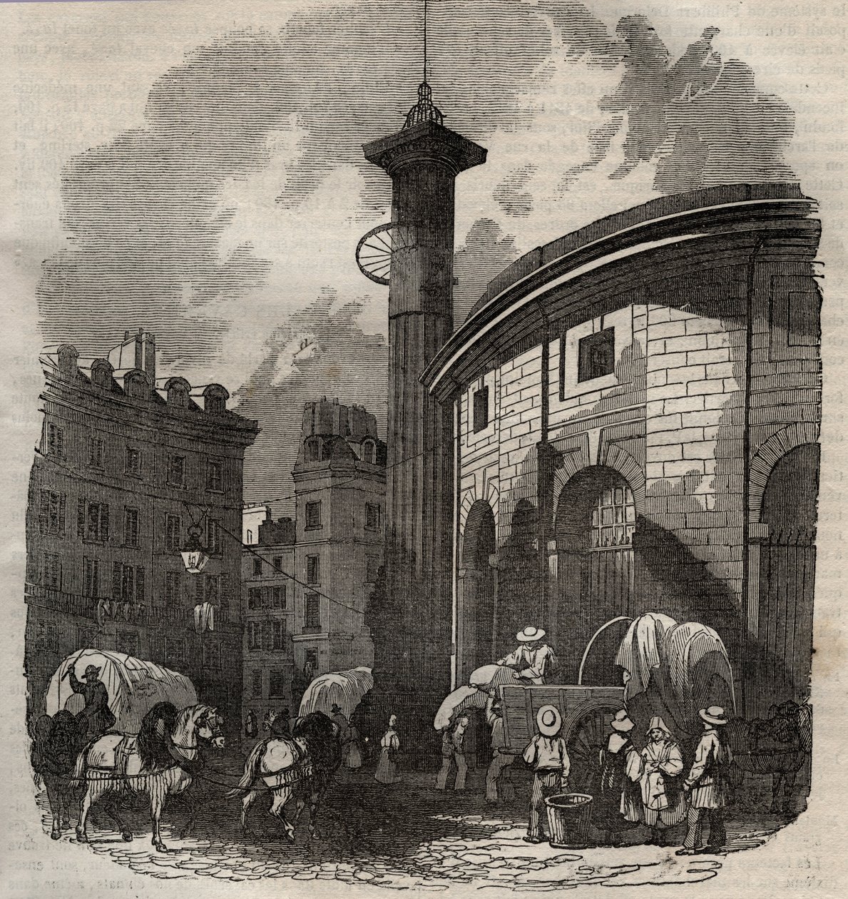 Näkymä halle au blesta Pariisissa (rakennettu 1763-1769) ja Medici-pylväästä, kaiverrus 1800-luvun alussa - vehnä- ja maissivaihto Pariisissa (rakennettu 1763-1769), kaiverrus 1800-luvun alku - Halle au ble -näkymä, sijaitsee nykyisessä Hotel de Soisissa tekijältä French School