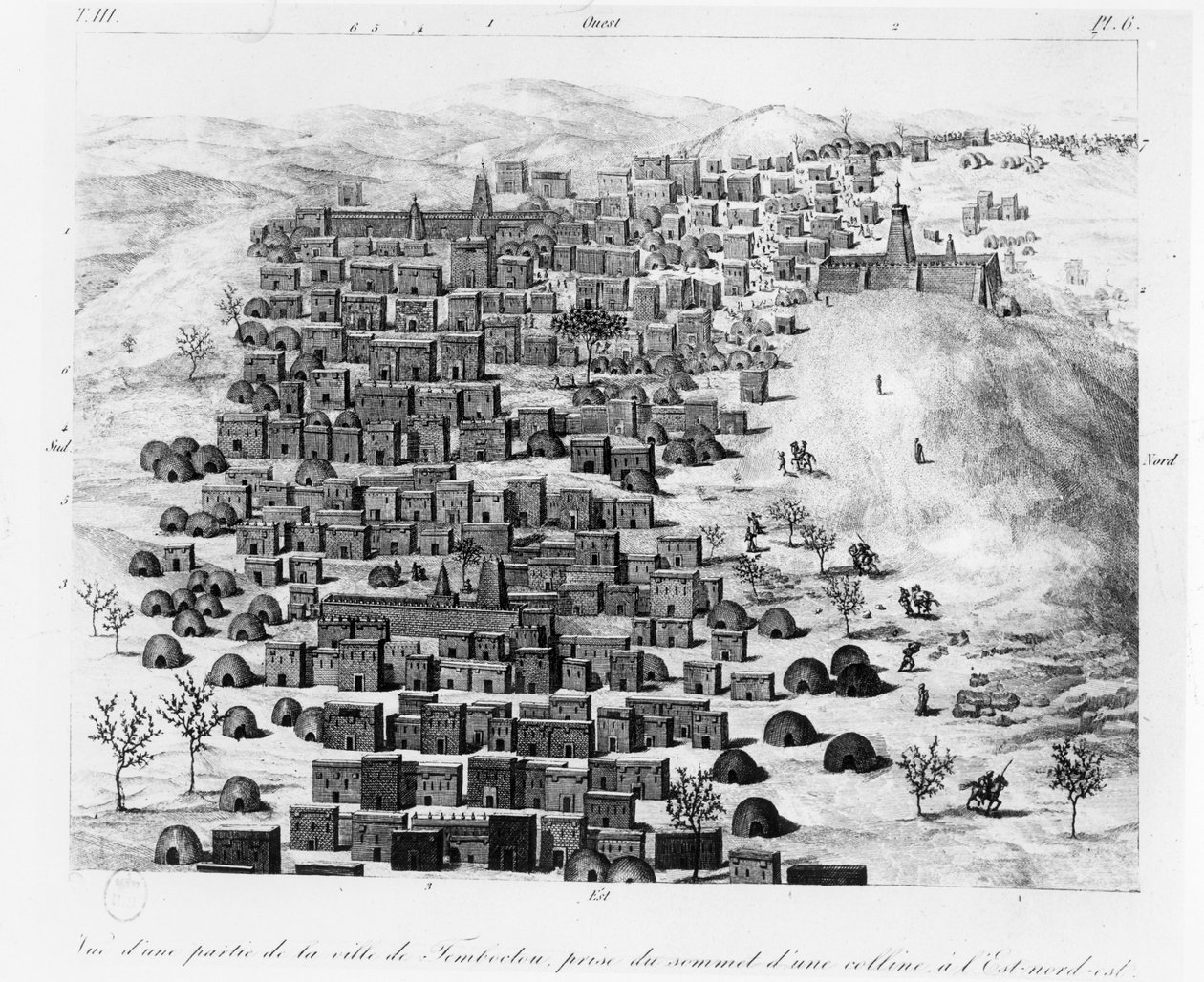 Näkymä Timbuktoon kaupungin osasta otettuna kukkulasta itään, Rene Caillien teoksesta Voyage a Tombouctou, julkaistu 1830 tekijältä French School
