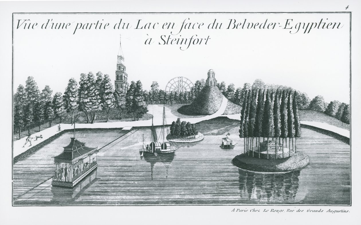 Näkymä osasta järveä Egyptin Belvederen edessä Steinfortissa, George Louis Le Rougen "Jardins Anglo-Chinois de la Mode" -julkaisusta, julkaistu 1776-90 (kaiverrus) (m/w kuva) tekijältä French School
