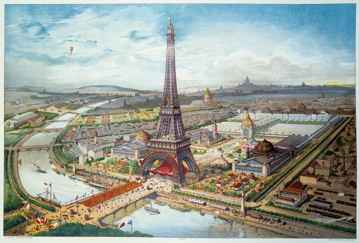 Näkymä vuoden 1889 yleisnäyttelystä Pariisissa. Kaiverrus vuodelta 1889. Paris, Decorative Arts tekijältä French School