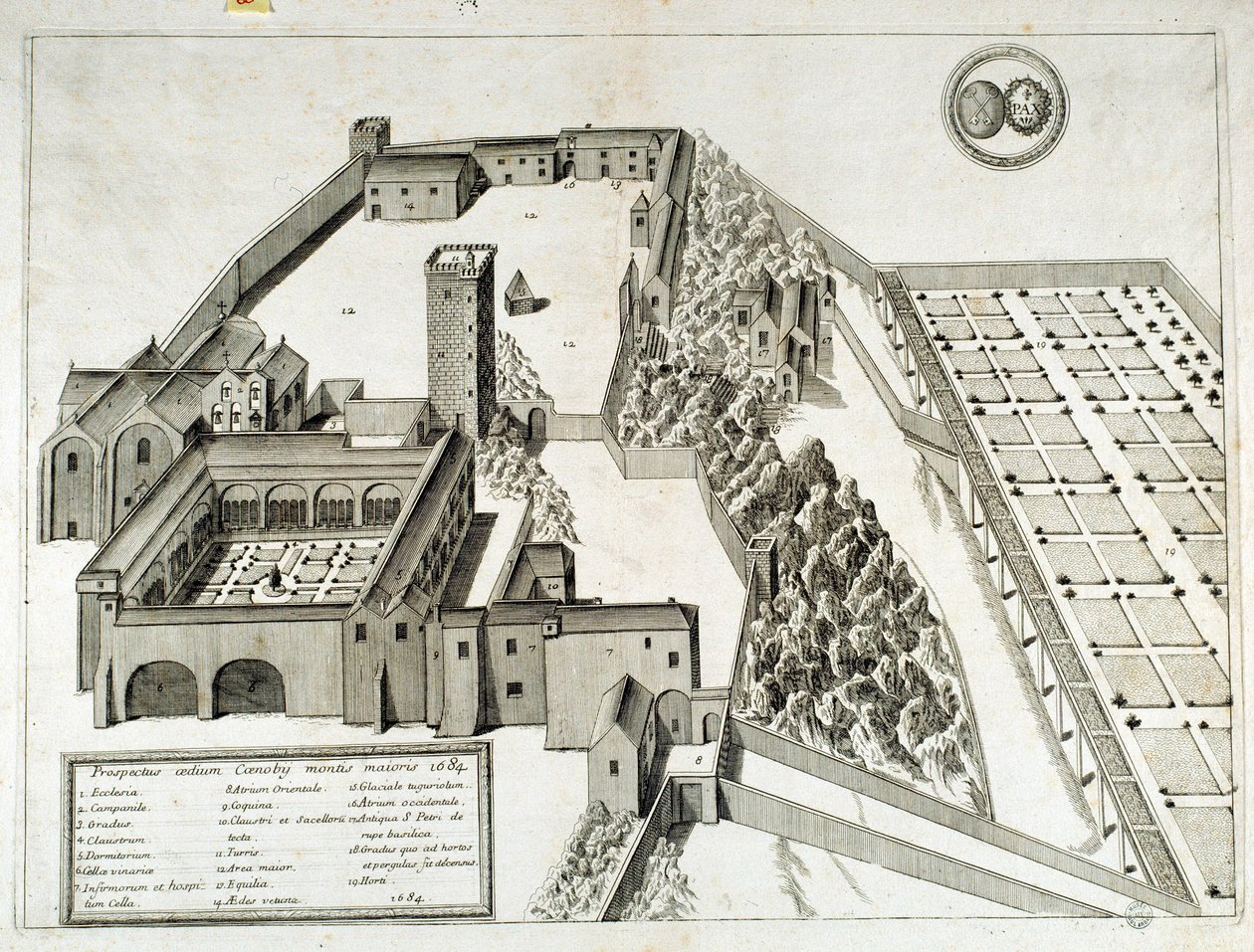 Näkymä Saint Pierre de Montmajourin (tai Mont Majourin) benediktiiniläisluostarille, perustettu vuonna 948, Arles, Ranska (kaiverrus) tekijältä French School
