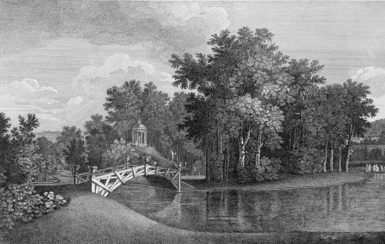 Näkymä sillalle ja Venuksen temppeliin West Wycomben puutarhassa, Jardins Anglo-Chinois a la Modesta, George Louis le Rouge, julkaistu 1770-87 tekijältä French School