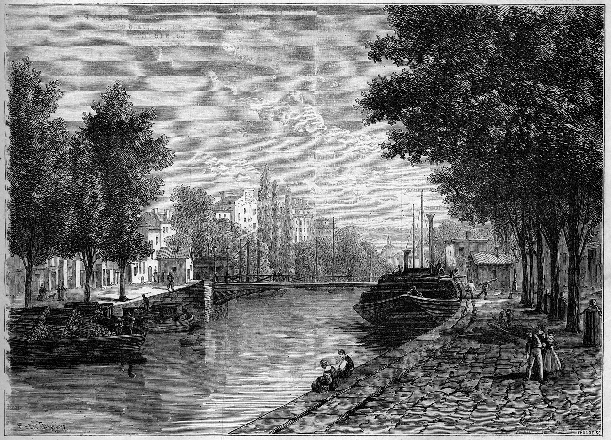 Näkymä Saint Martinin kanavalle Pariisissa ennen Haussmannin 1800-luvun puolivälissä toteuttamia muutoksia. Näkymä rue Saint Sebastienin korkeudelta. Kaiverrus "" Le Monde Illustré" -julkaisussa nro 233, 28. syyskuuta tekijältä French School