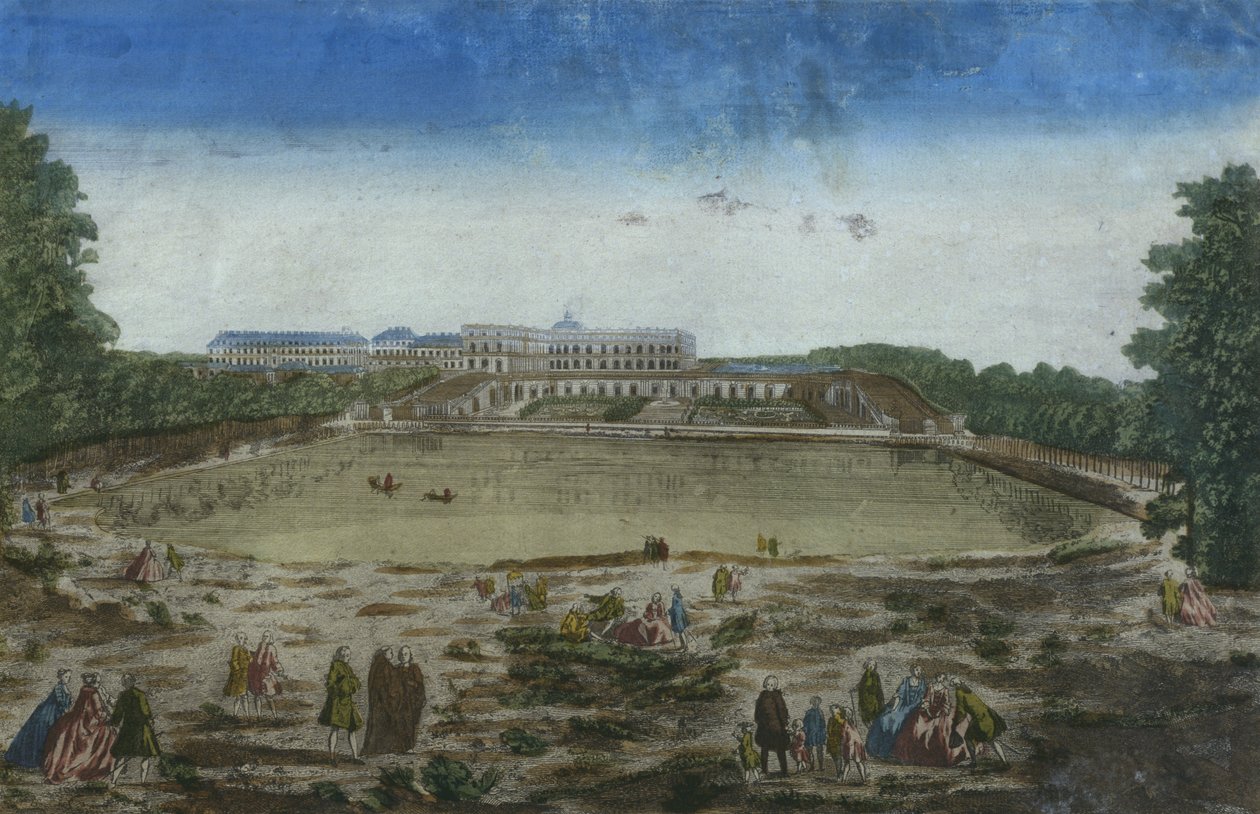 Näkymä linnalle ja Orangerielle Piece deau des Suissesista, Versailles, Ranska tekijältä French School