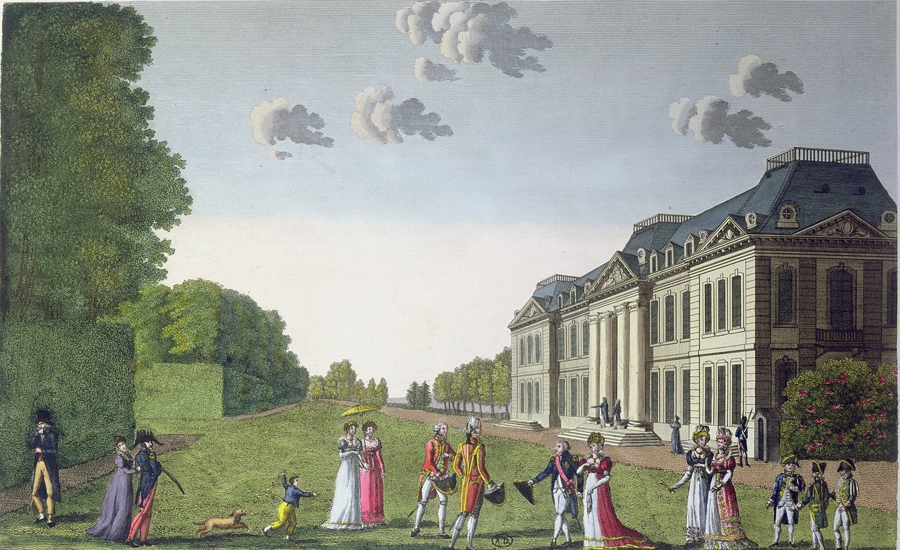 Näkymä Chateau de Bellevuelle puutarhasta, n. 1820 (värikaiverrus) tekijältä French School