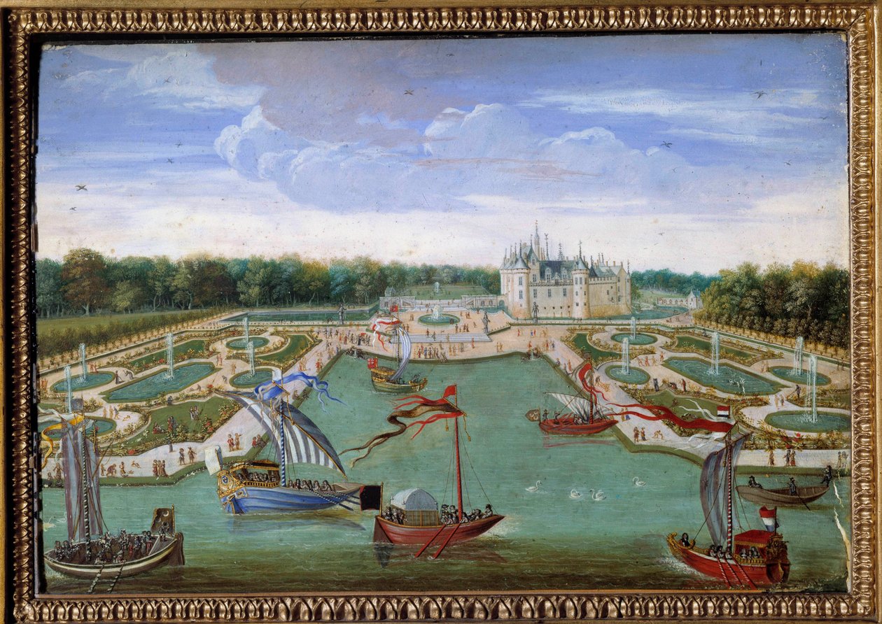 Näkymä Chateau de Chantillylle ja sängyille, jotka on otettu Vertugadin Anonymous -maalauksesta Ecole francaisesta. Noin 1680. Dim. 0,26x0,34 m. Chantilly, musee Conde - Näkymä Chantillyn linnalle ja Vertugadinin parterreille. Anonyymi maalaus tekijältä French School