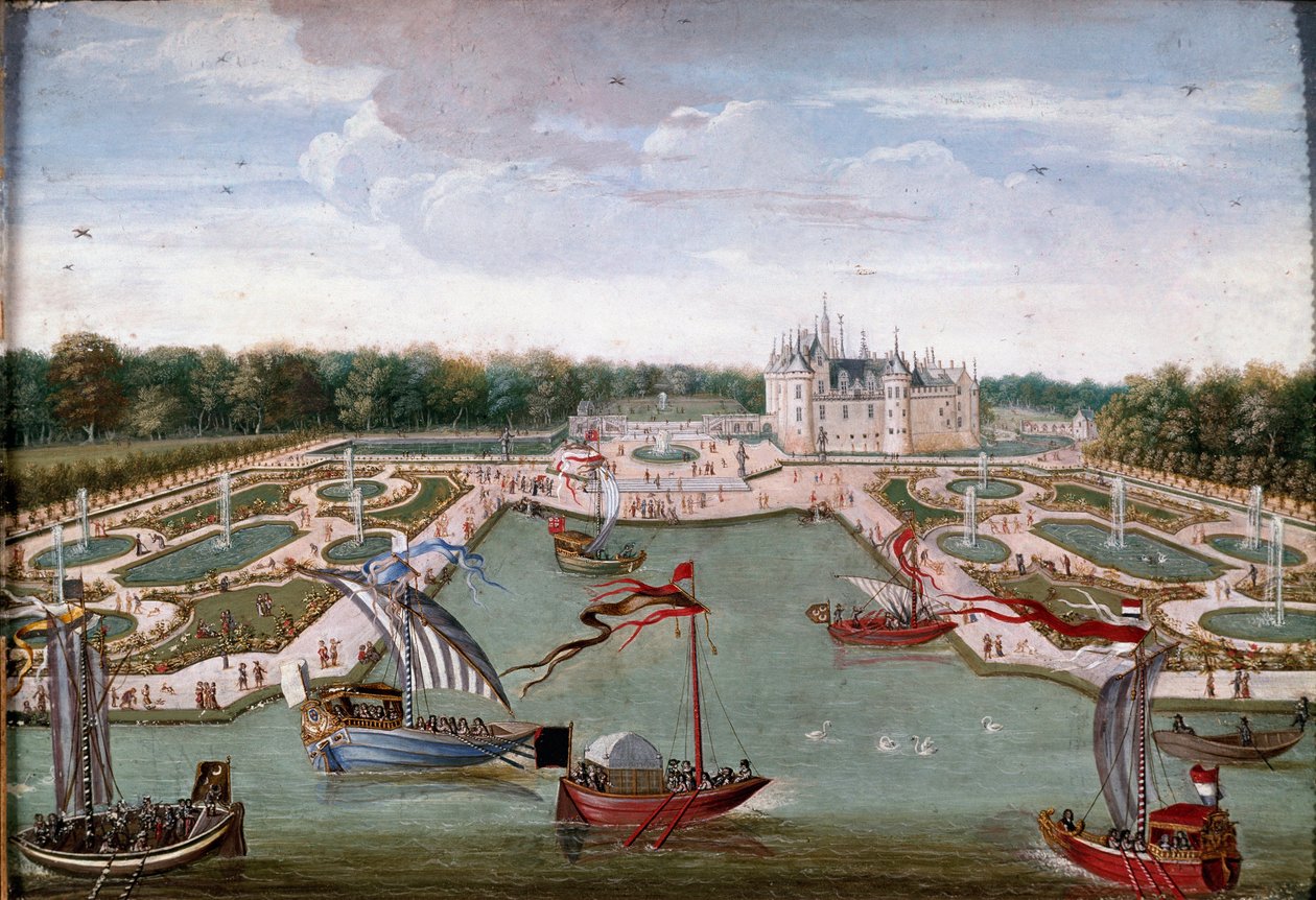 Näkymä Chateau de Chantillylle ja sängyille, jotka on otettu Vertugadin Anonymous -maalauksesta Ecole francaisea. Noin 1680. Dim. 0,26x0,34 m. Chantilly, Conde-museo tekijältä French School