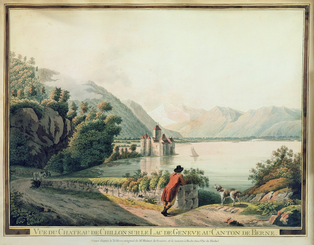 Näkymä Chateau de Chillonille, Genevejärvelle (värillinen etsaus) tekijältä French School