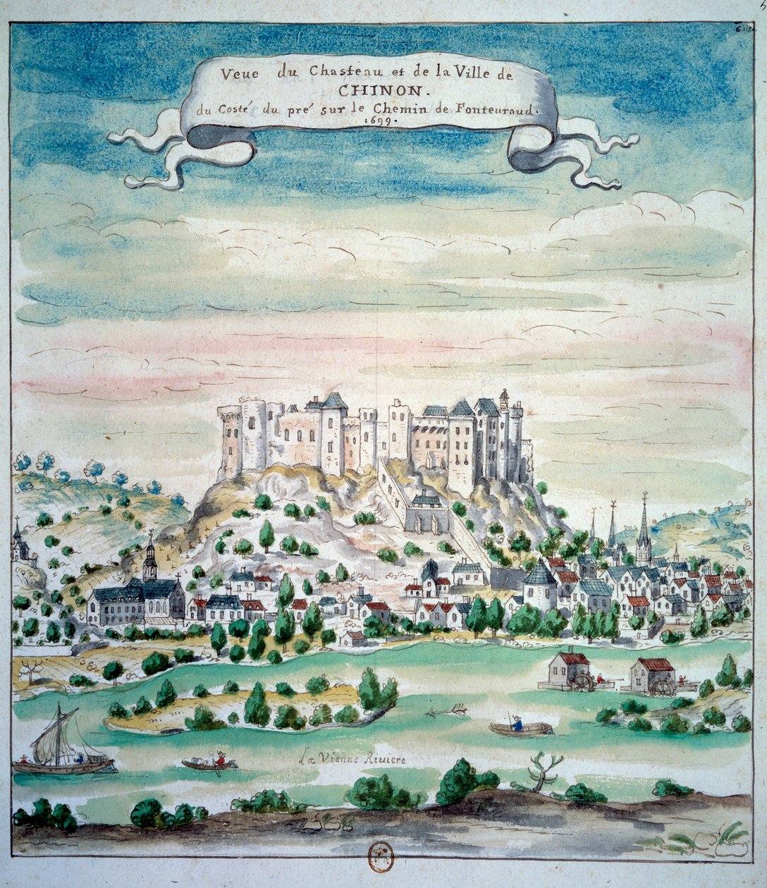 Näkymä Chateau de Chinonin akvarellille ranskalaisesta koulusta. 1699 Paris, B.N. tekijältä French School