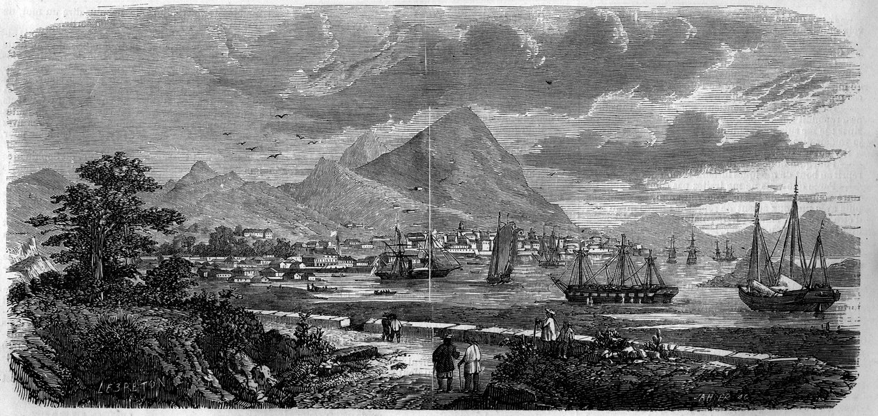 Näkymä Hongkongin kaupungista (Hongkong) (Canton Bay Island) vuonna 1857. Kaiverrus "" Le Monde Illustré" -julkaisussa nro 29, 31. lokakuuta 1857. tekijältä French School