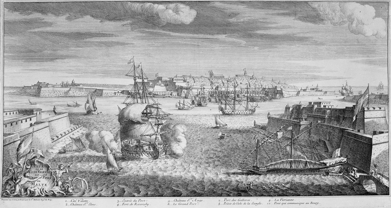 Näkymä Vallettan kaupunkiin, Maltan satama, n. 1736 (kaiverrus) tekijältä French School