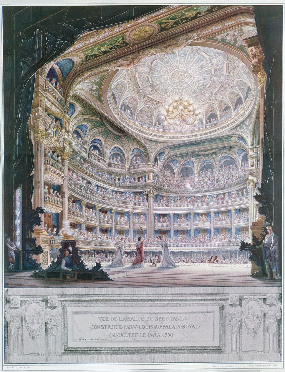 Näkymä Comedie Francaise -teatterista vuonna 1790 Gaudetin ja Prudentin alkuperäisteoksen jälkeen (värikaiverrus) tekijältä French School