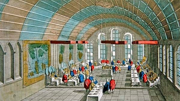 Näkymä illallisesta, joka annettiin keisarille ja Saksin vaaliruhtinaille vuonna 1758 Frankfurtin kaupungintalossa, Saksassa (värinen kaiverrus) tekijältä French School
